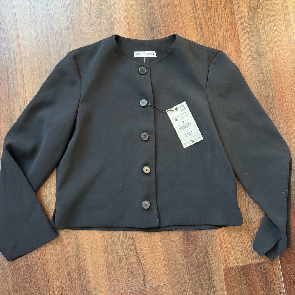 Zara Black Cropped Button Blazer Jacket